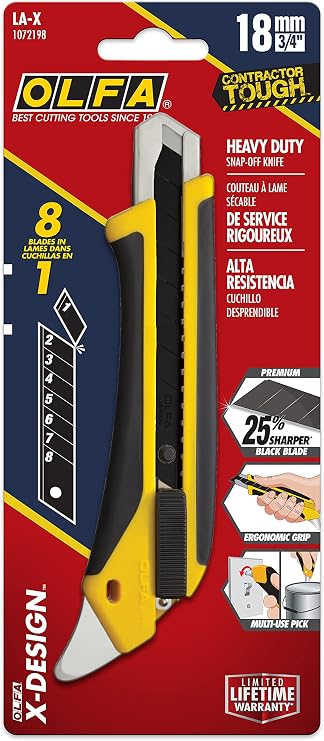 OLFA 18mm Heavy-Duty Utility Knife (LA-X) - Fiberglass, Chemical Resistant | 18mm black snap-off, fiberglass rubber grip, chemical resistant - Paint and MRO cutting - Contractors and Construction