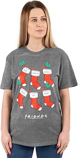 Christmas T-Shirt for Women | Ladies F.R.I.E.N.D.S TV Show Festive Stockings Grey Top | Short Sleeve Central Perk Xmas Outfit