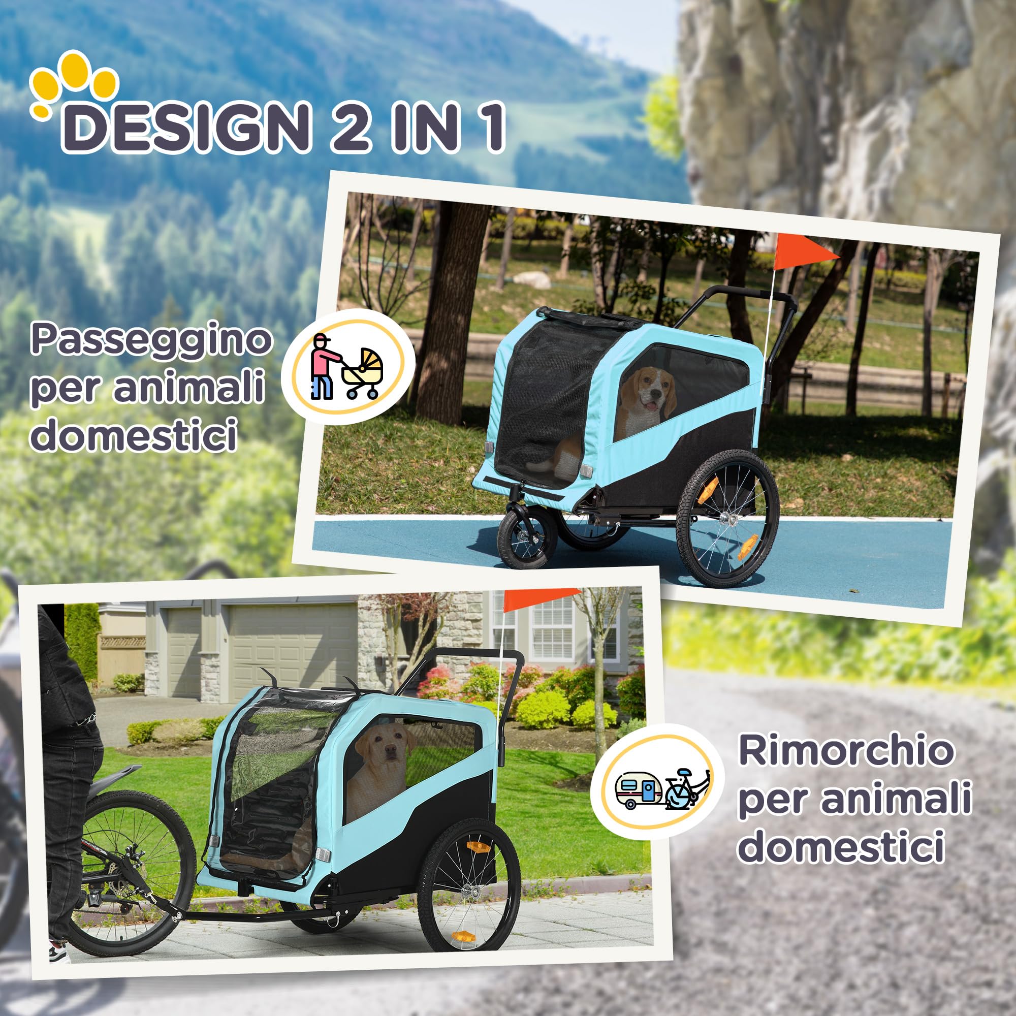 PawHut Rimorchio Bici per Cani 2 in 1 con 2 Ingressi e Tasche Portaoggetti, Passeggino per Cani 30kg max in Acciaio e Tessuto Oxford, Blu