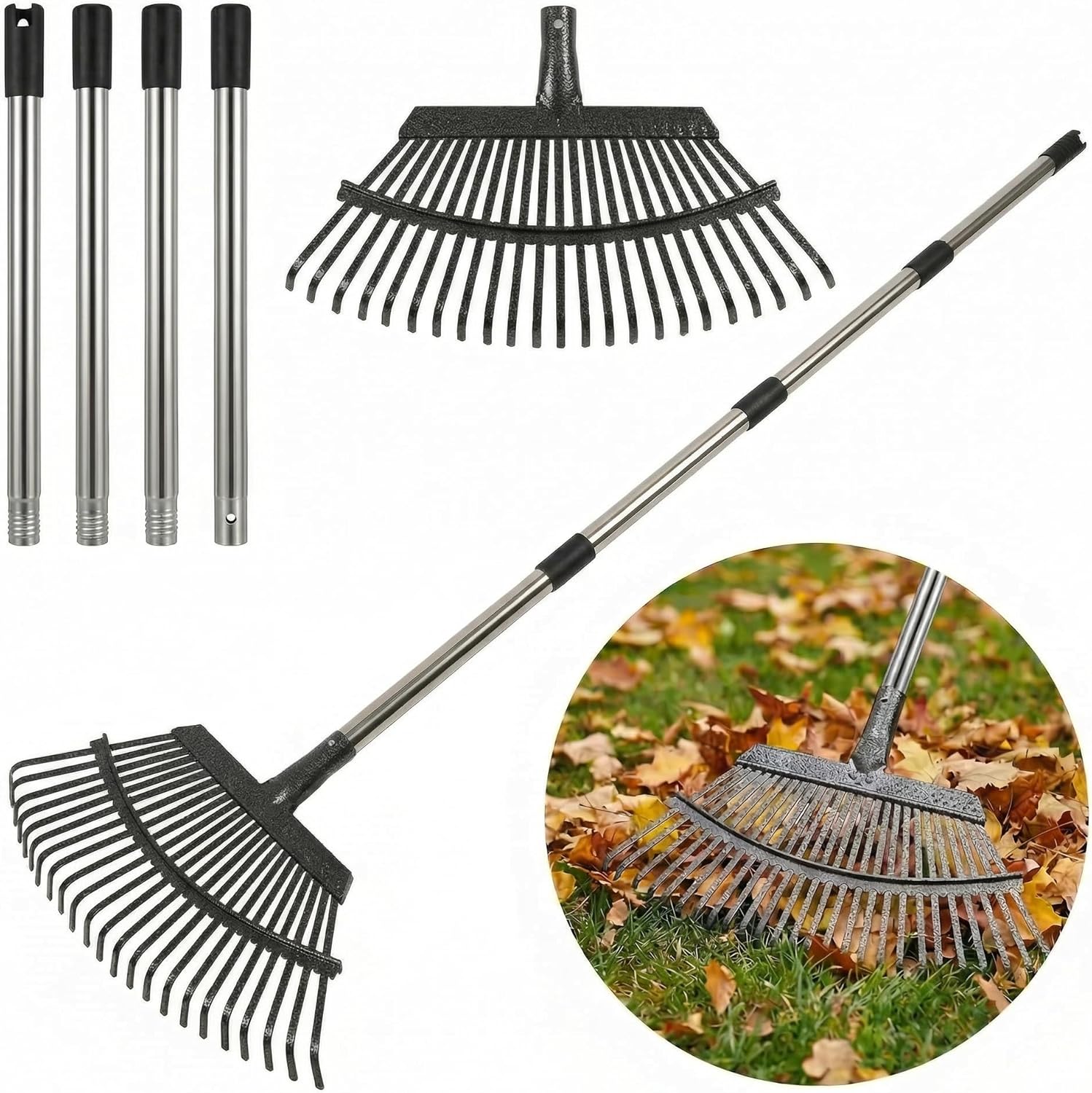 Leaf Rake for Yard & Garden - 20" Wide Metal Rake with 25 Steel Teeth, 40-68" Adjustable Handle - Heavy Duty Rust-Proof Steel Rake for Leaves, Grass & Debris Cleanup