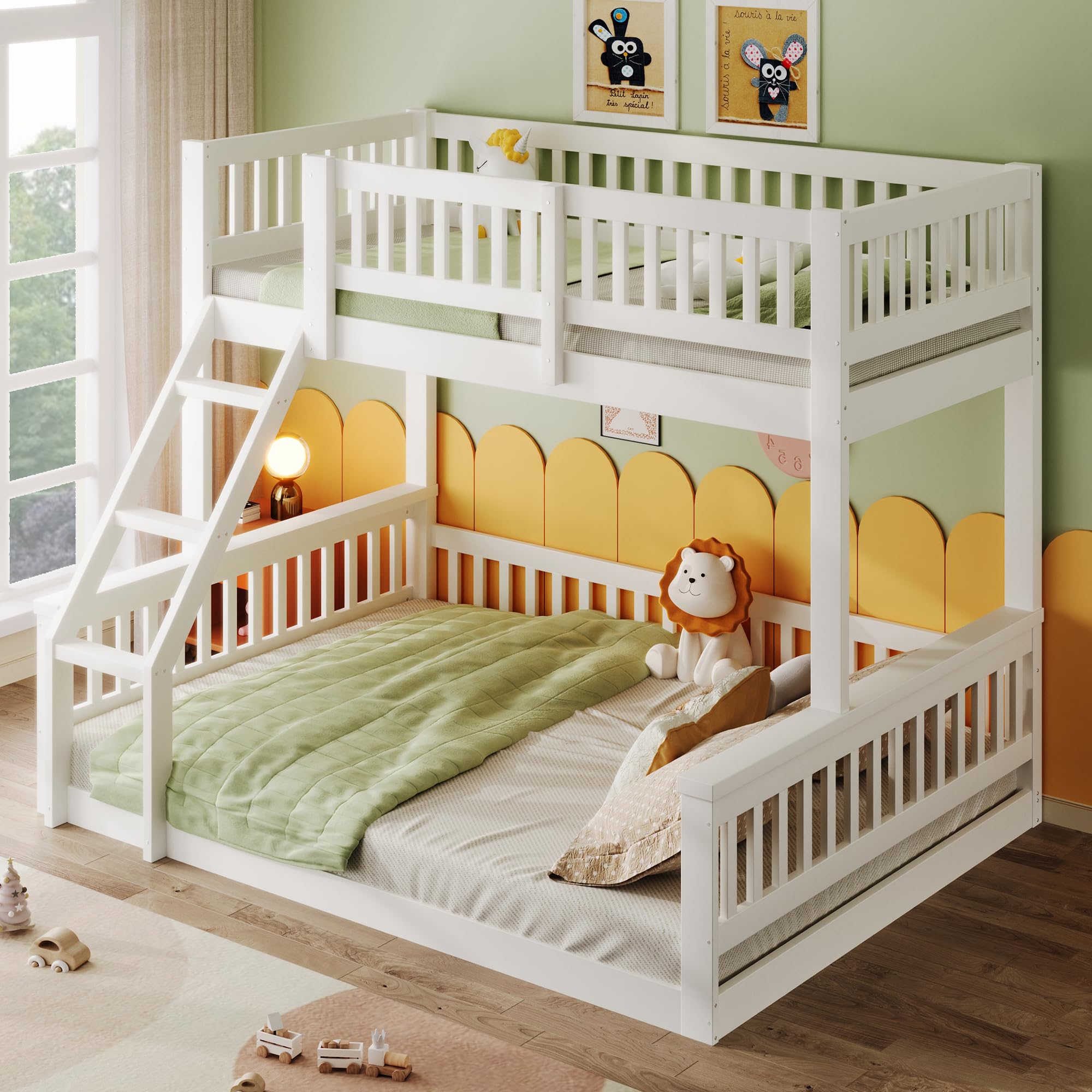 Letto a castello, 90 x 200 cm + 140 x 200 cm, scaletta, sponda per letto, stile semplice, senza materasso, bianco
