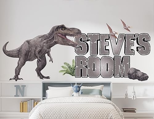 Miniatura 1 de Mural de pared de dinosaurio para habitación de niños, calcomanías con nombre personalizado, papel tapiz de dinosaurio, decoración de habitación