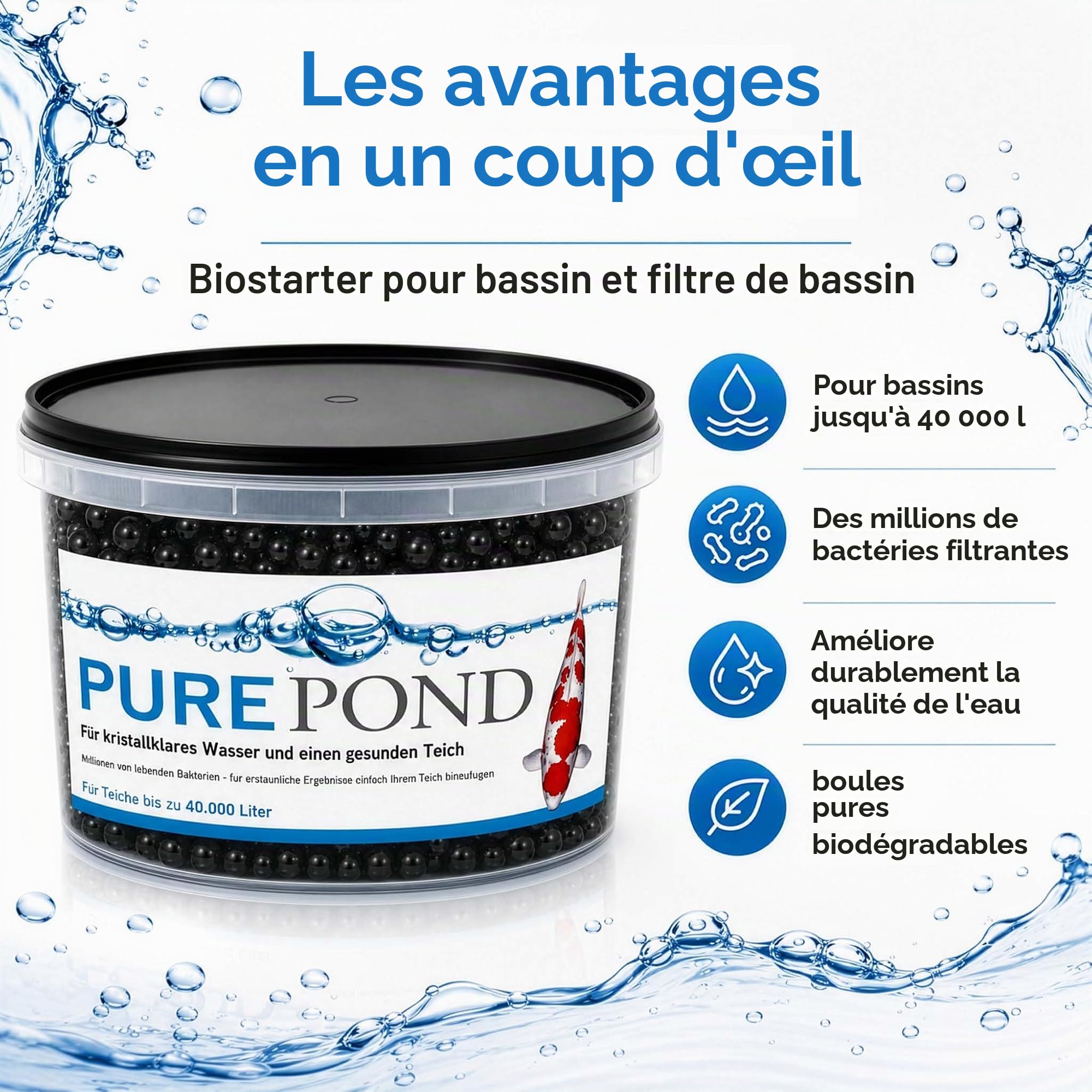 Evolution Aqua Pure Pond 2000 ML - pour 40000 litres - bactéries et enzymes - pour Filtre Eau Filtration Entretien Bassin Aquarium - régulation des valeurs Ammoniac et Nitrite - aquariophilie