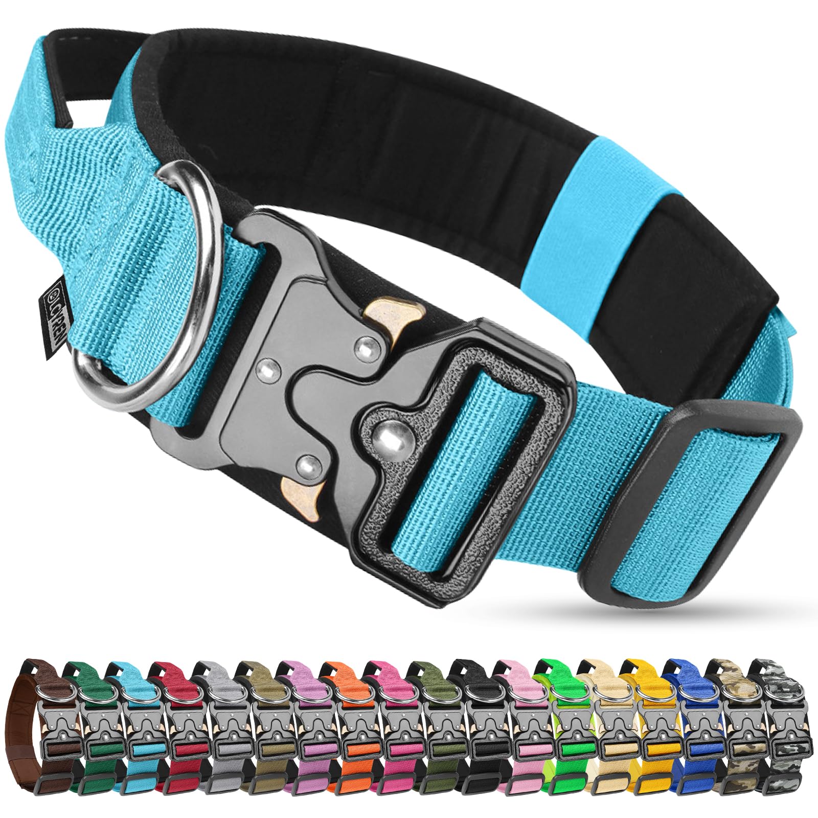 Olcyren Tactical Dog Collar, Military Nylon Adjustable Strong Dog Collar with Handle, Soft Padded Pet Collars with Heavy Duty Metal Buckle for Medium Large Dogs Training and Walking (Blue, L)
