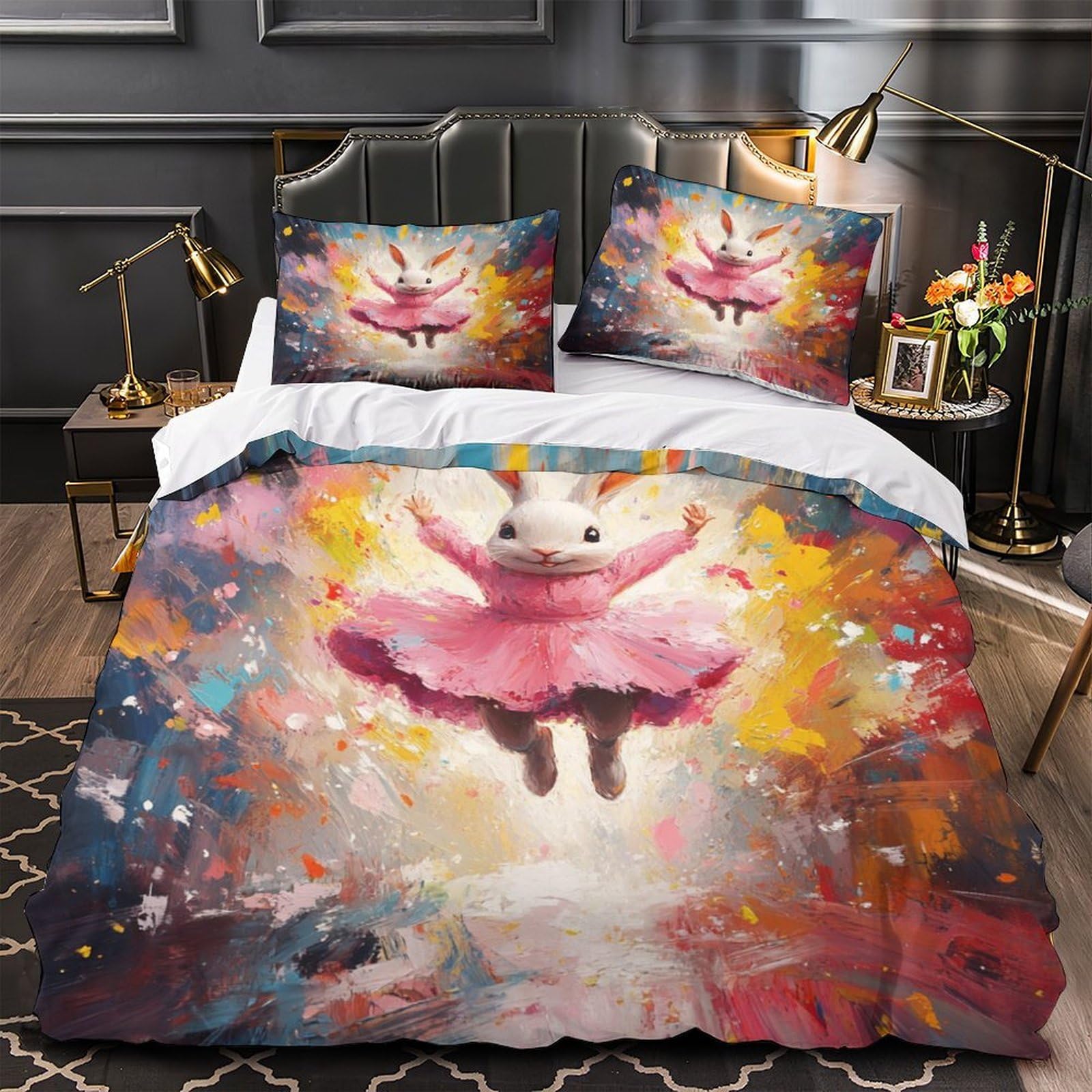 Linge de lit enfant lapin au motif dessin animé fantaisiste chic 3 pièces