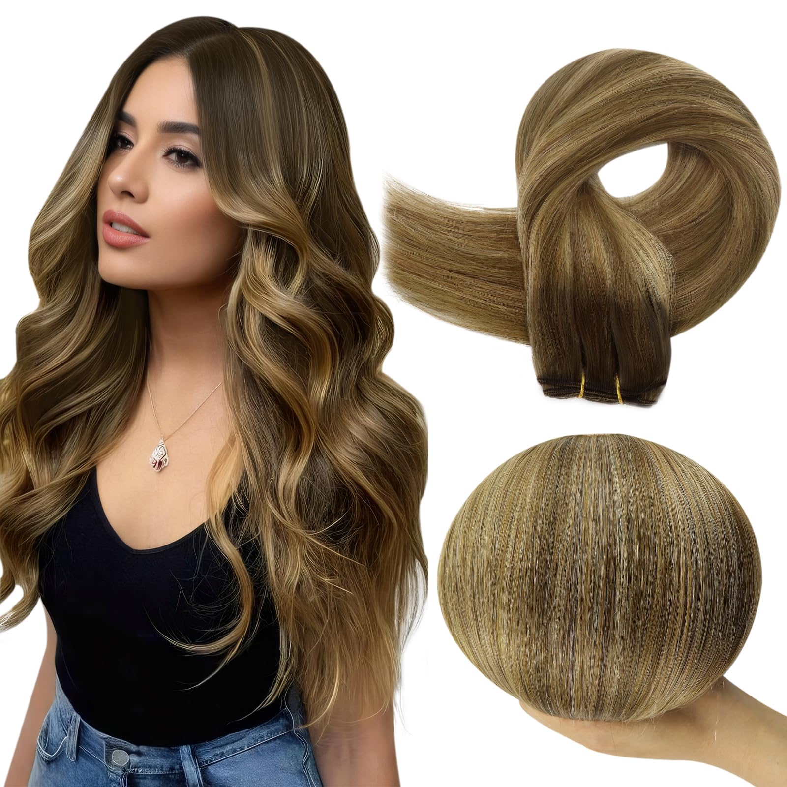 Full Shine Sew In Hair Extensions Balayage Hair Extensions Sew In Weft Hair Extensions Human Hair Color Dark Brown To Ash Brown Mix Blonde Human Hair