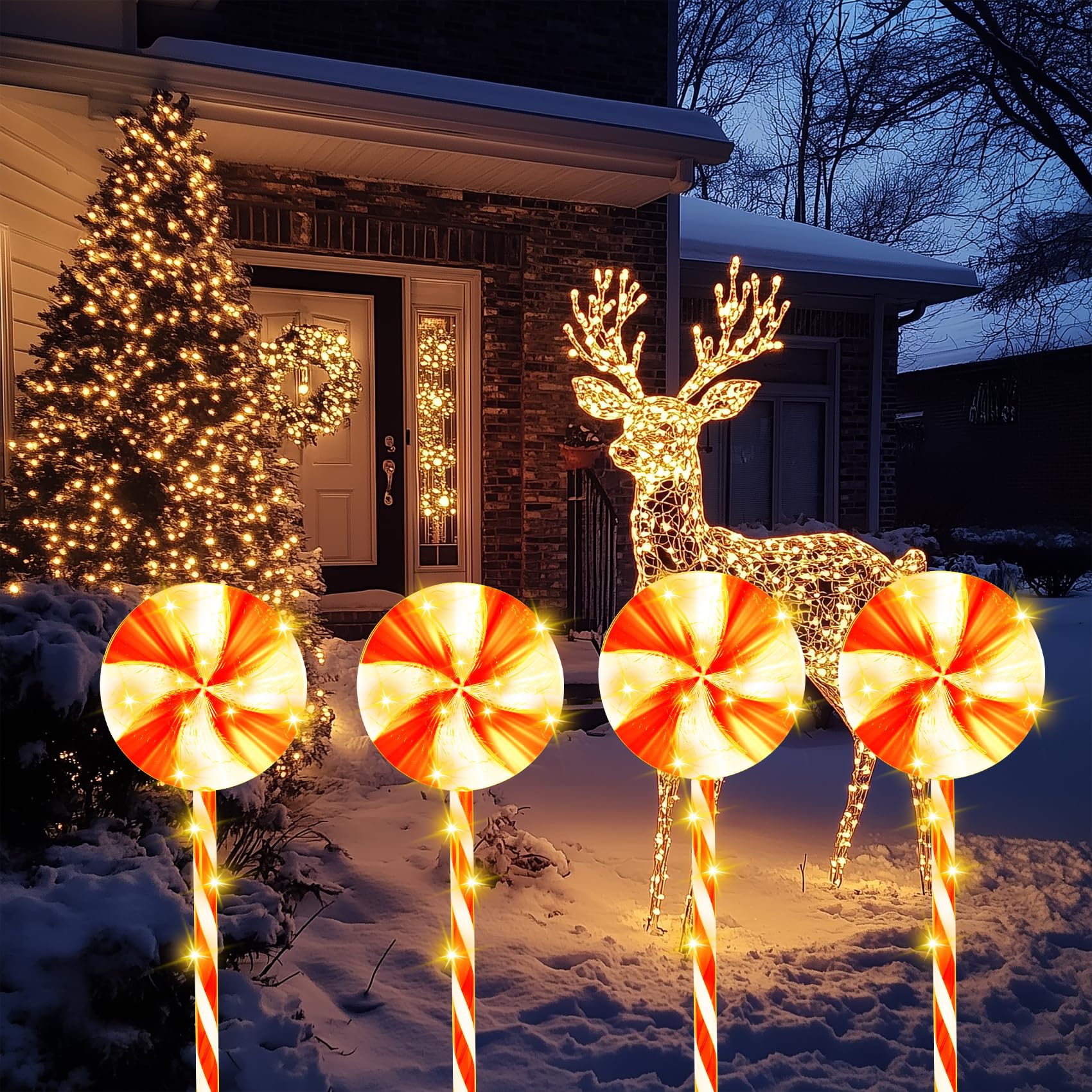 26Inch Red Yellow Solar Powered Candy Cane Pathway Lights, Christmas Lollipop Peppermint Lights, 8 Lighting Modes Candy Lights with Stake for Outdoor Garden Yard Walkway Lawn Decorations, 4Pack