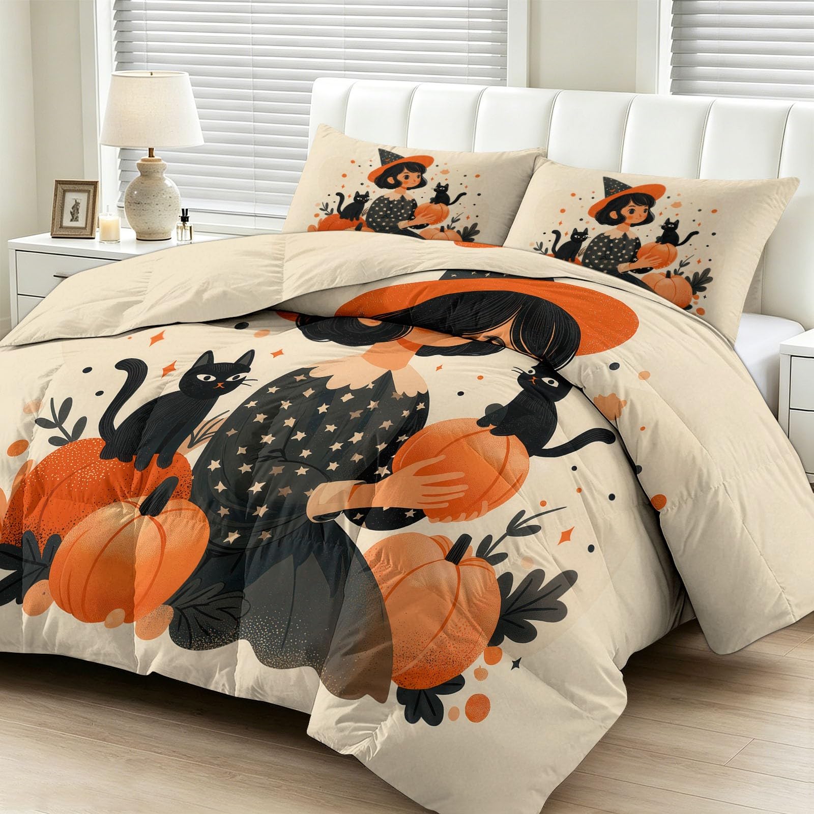 Parure de lit chat fantôme 240x260 cm avec 2 taies d'oreiller Halloween