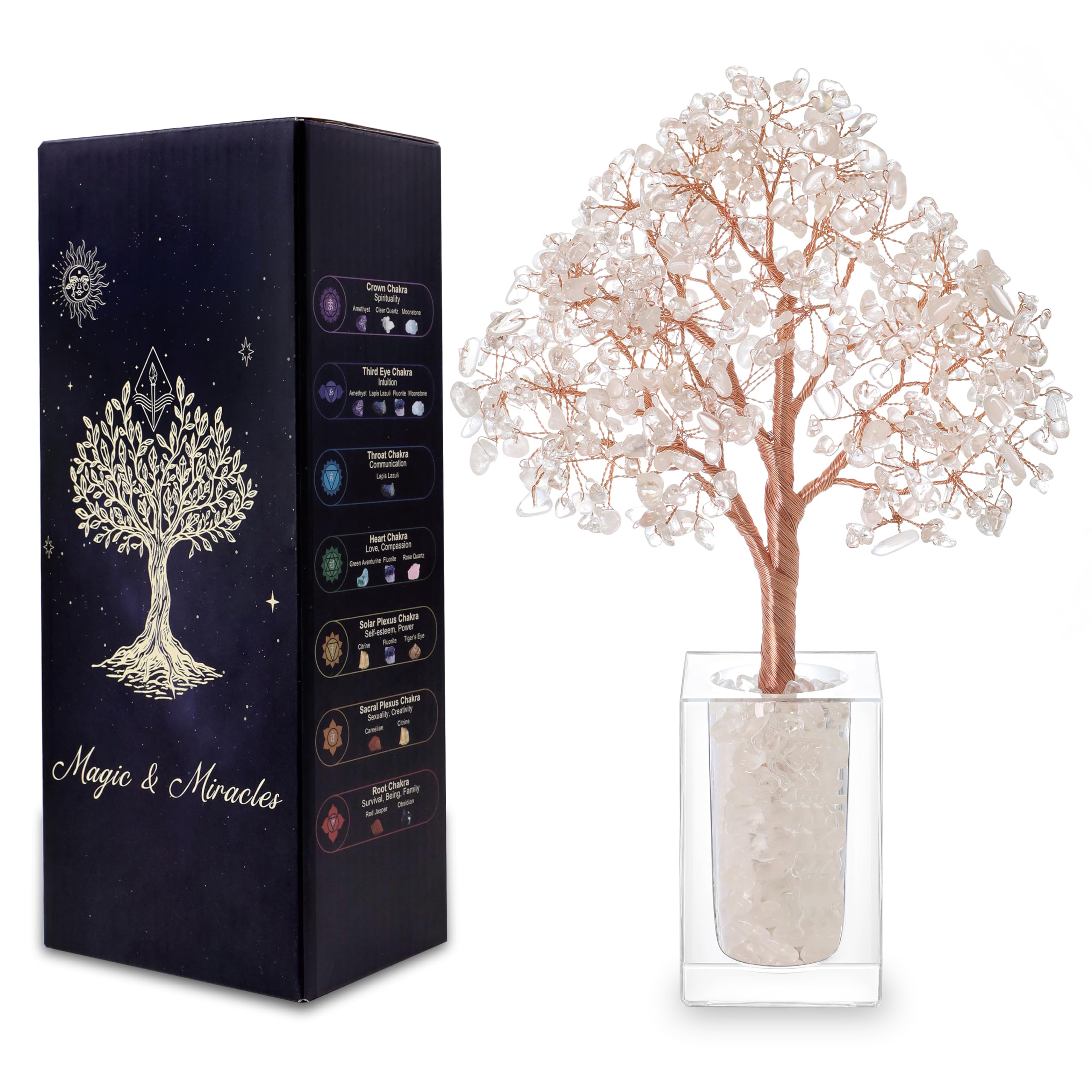 Magic & Miracles Árbol de la Vida Bonsái de Cuarzo transparente Natural con 486 Piedras Base de Cristal Decoración Feng Shui para Salón Dormitorio y Oficina Regalo Espiritual, 23 cm