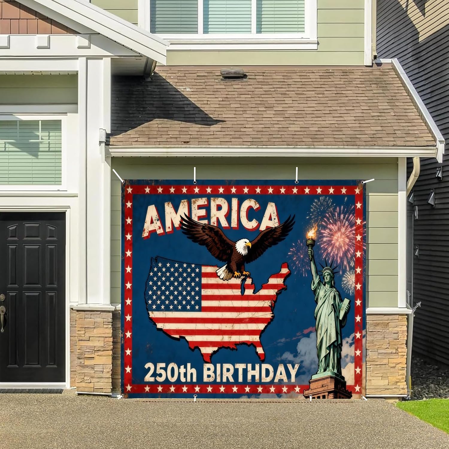 7x8ft 4th of July Garage Door Cover Banner Decorations Patriotic America Flag 250th Birthday Bald Eagle Statue of Liberty Garage Door Banner for Outdoor Independence Day Photo Background Decor