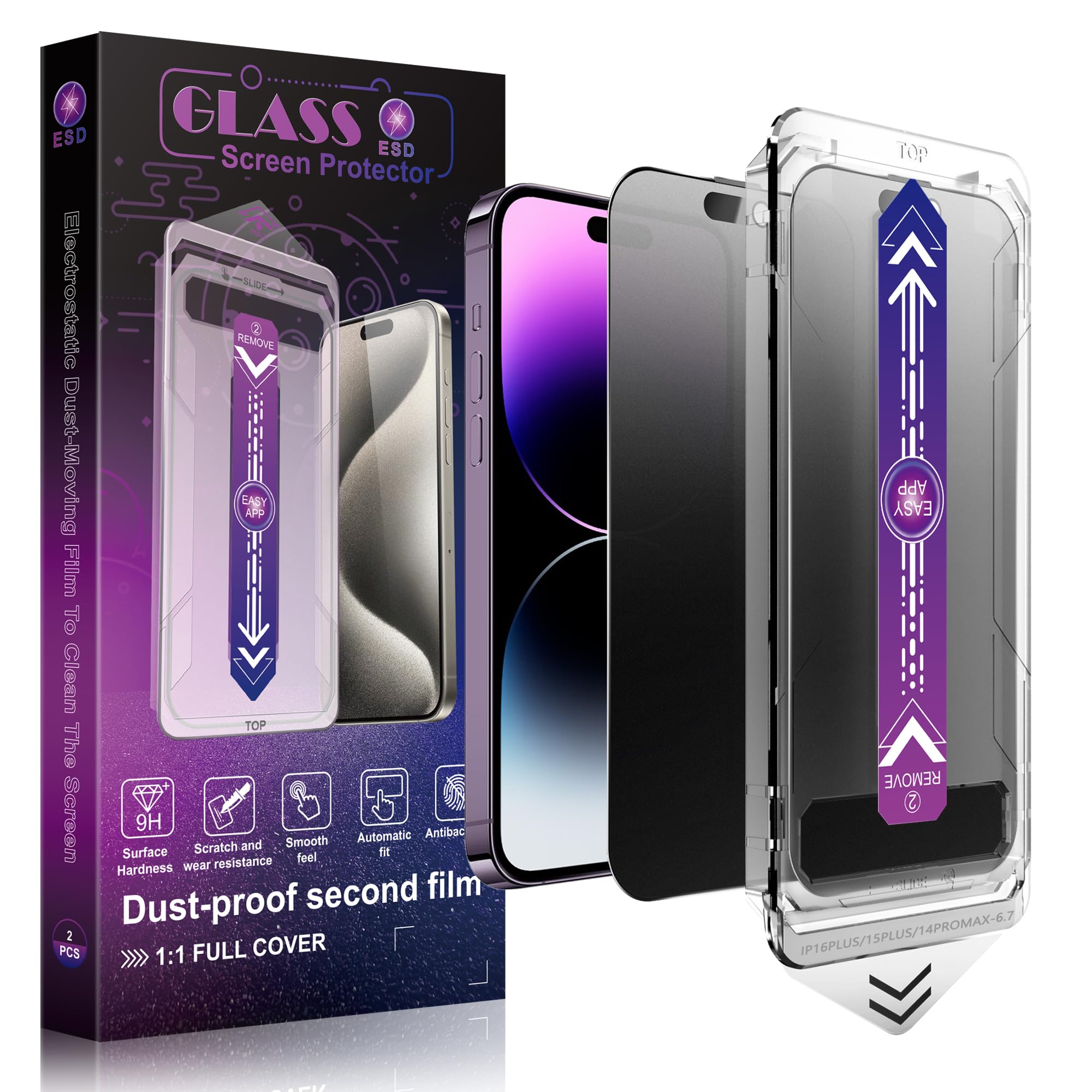 SHANG PIN JIA 2 Pack Matte Privacy Screen Protector for iPhone 16 Plus and iPhone 15 Plus and iPhone 14 Pro Max 6.7-Inch Auto Dust Removal, No Bubbles,Anti-Spy Tempered Glass Film, Easy Installation