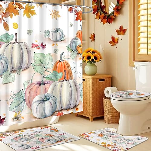 Miniatura 2 de pinata Juego de cortina de ducha de calabaza otoñal con alfombras, cortinas de ducha de calabaza otoñal, juegos de decoración de baño, 4 piezas