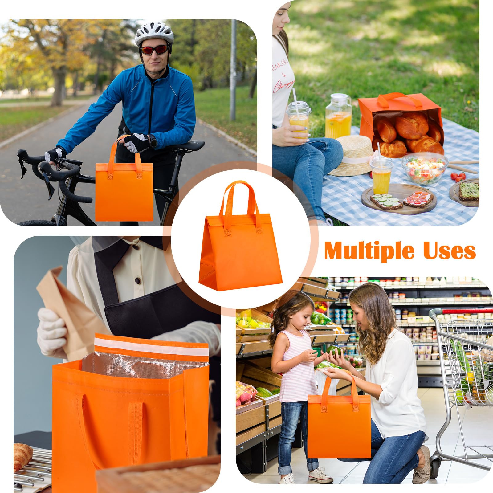 FoldTier 50 Pcs Insulated Takeaway Bags Bulk - Thermal Food Delivery Bags (Orange) - View #2