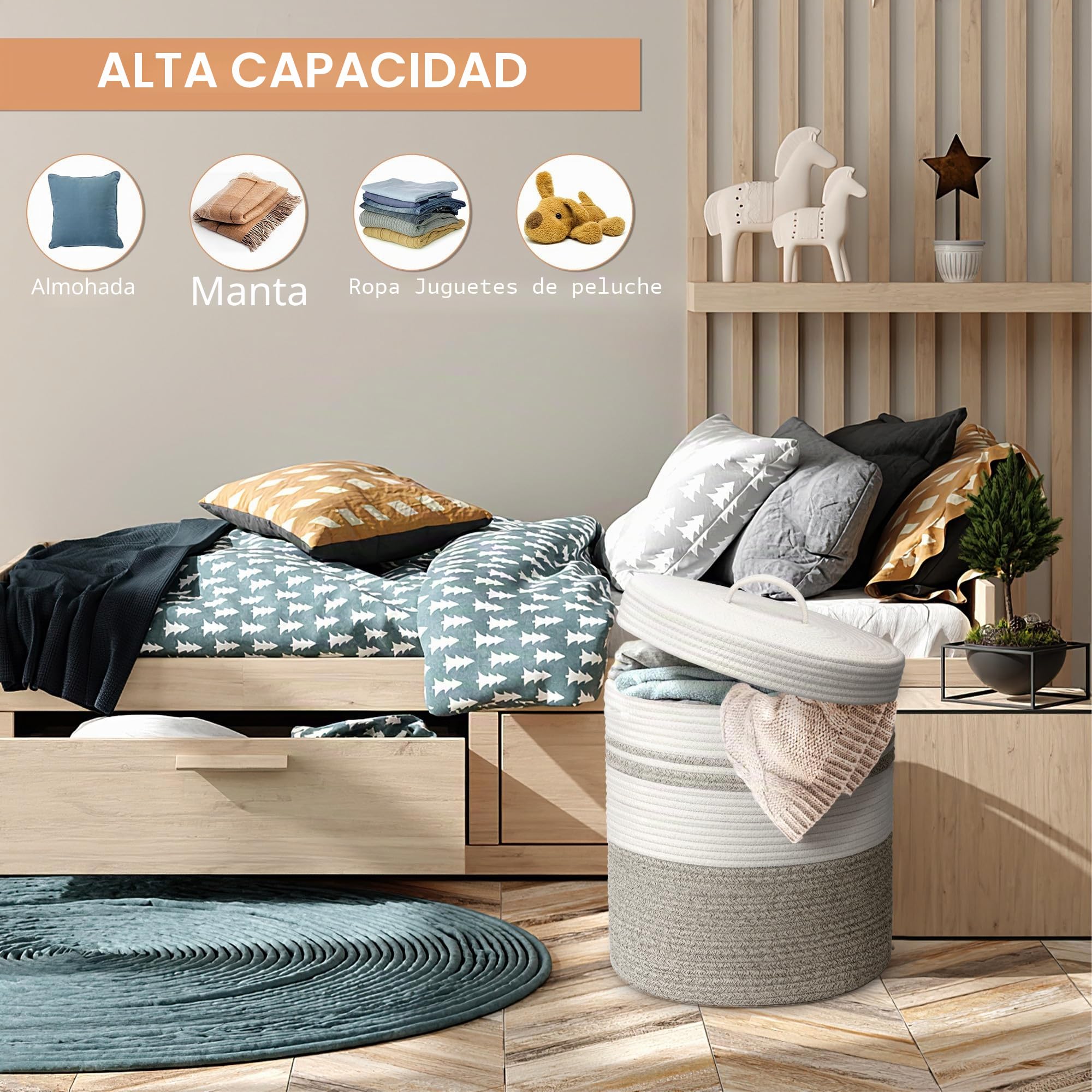 Cesta de lavandería con tapa, cesta tejida para ropa sucia, manta y cesta de almacenamiento de juguetes para sala de estar, dormitorio, baño, guardería (marrón y blanco, 40 L)