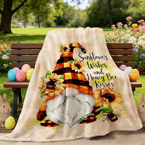 tiosggd Spring Easter Sunflower Gnome Blanket, Gnome Gifts for Women, Birthday Gnomes Throw Blanket for Mom, Wife, Girls, Friends, Adults, Fleece Gnomes Blanket for Couch Sofa Bed 60''x50''