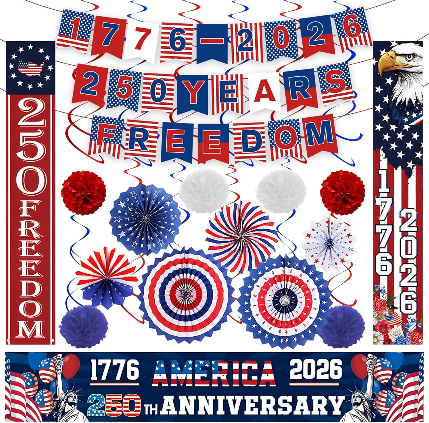 USA 250th Anniversary Decoration Set 30 PCS 4th of July Decorations Porch Banners 1776-2026 250 Years Birthday America Banner Flag 120" x 20" Red White and Blue Paper Fans Patriotic Party Supplies