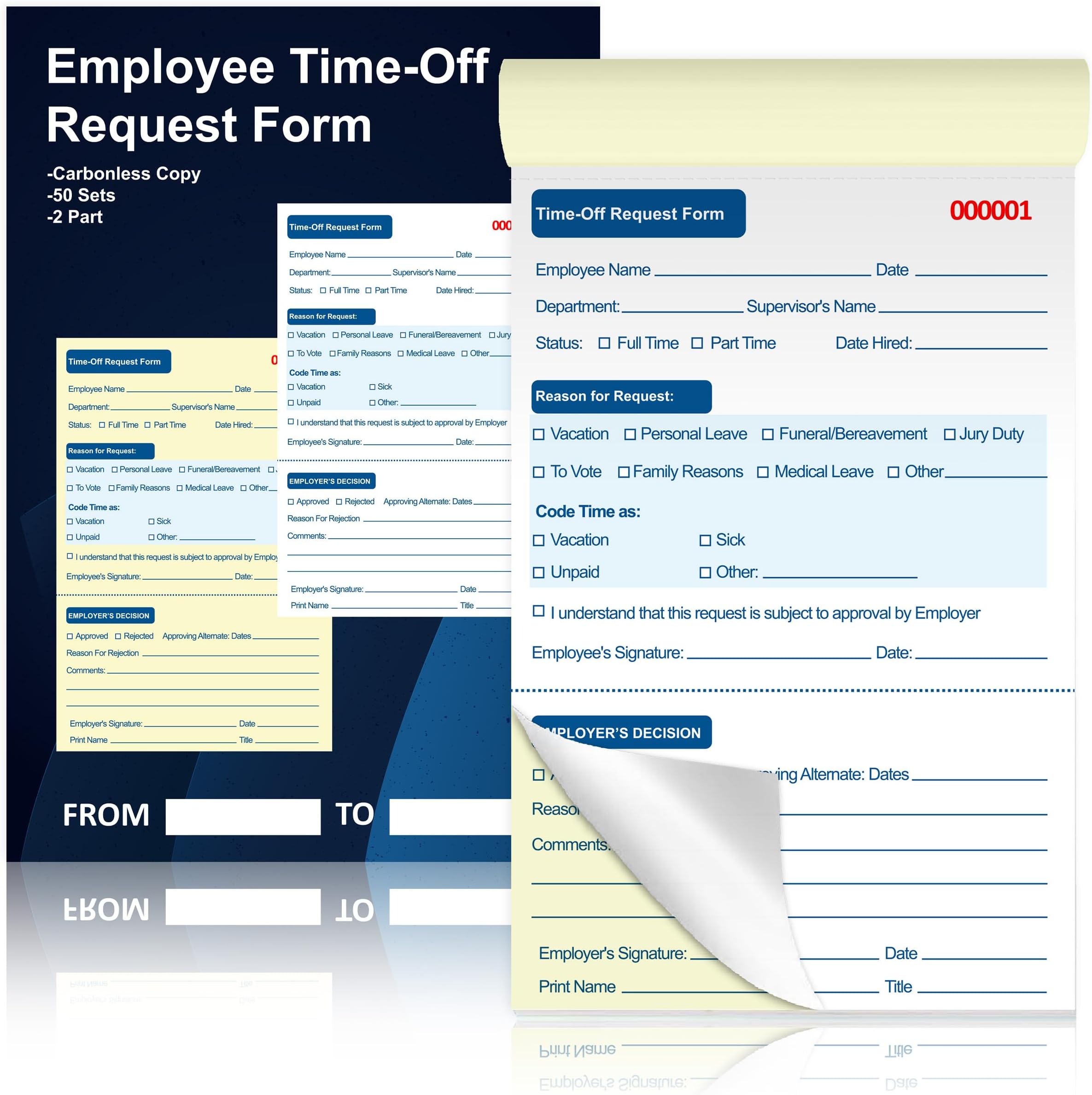 100 Sets Employee Time Off Request Forms Carbonless Duplicate Book 5.5x8.3 Inches Sequential Numbered for Office Employee Leave Management (2)