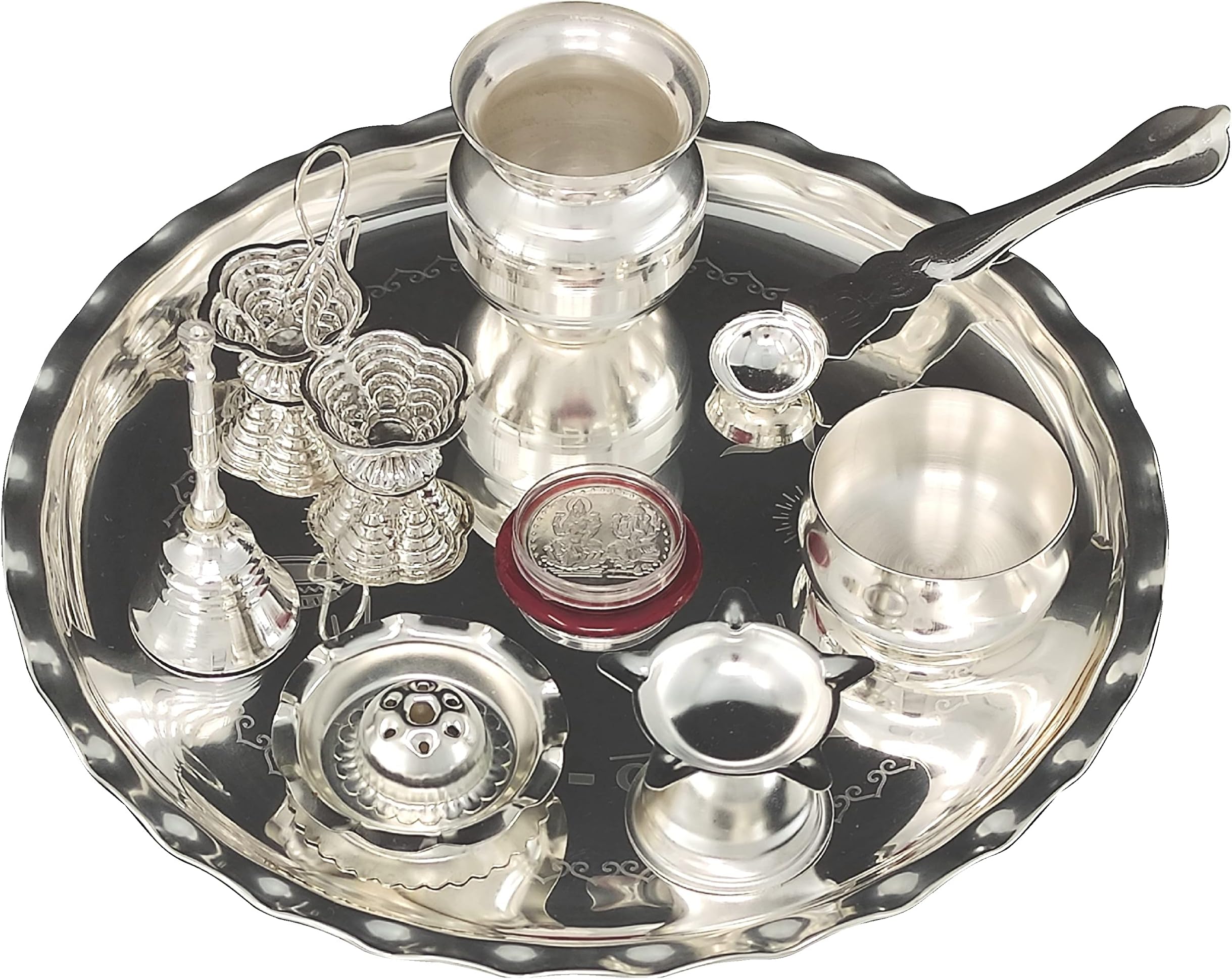 NOBILITY Silver Plated Pooja Thali Set 9.5 Inch with Plate Kalash Palli Diya Kumkum Holder Bowl Dhup Dan Coin Ghanti Puja Thali for Diwali Home Mandir Office Wedding Return Gift Items