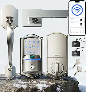 Veise VE027-H Wi-Fi Smart Lock for Front Door with Handle Set, Satin Nickel