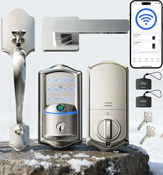 Veise VE027-H Wi-Fi Smart Lock for Front Door with Handle Set, Satin Nickel | Remote App & Voice Control, 8-in-1 Unlock, Built-in Wi-Fi, Touchscreen, IP65 Waterproof, Auto-Lock, Compatible with Alexa