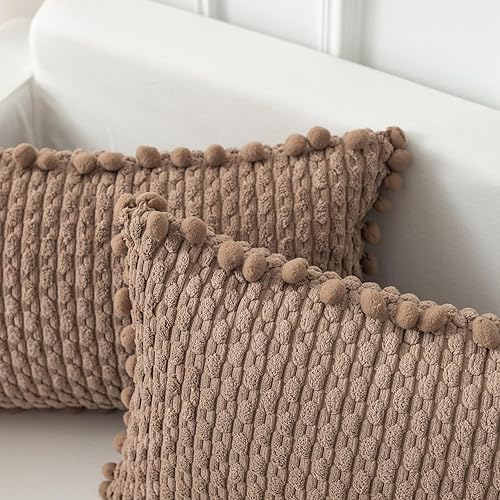 Miniatura 2 de Kevin Textile - Juego de 2 fundas de almohada decorativas lumbares de color marrón claro de 12 x 20 pulgadas con pompones para sofá y cama,