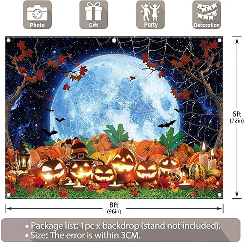 Miniatura 3 de YCUCUEI Telón de fondo de fotografía de Halloween de 8 x 6 pies, parche de calabaza, cielo estrellado, luna, fondo nocturno, camión o golosinas,