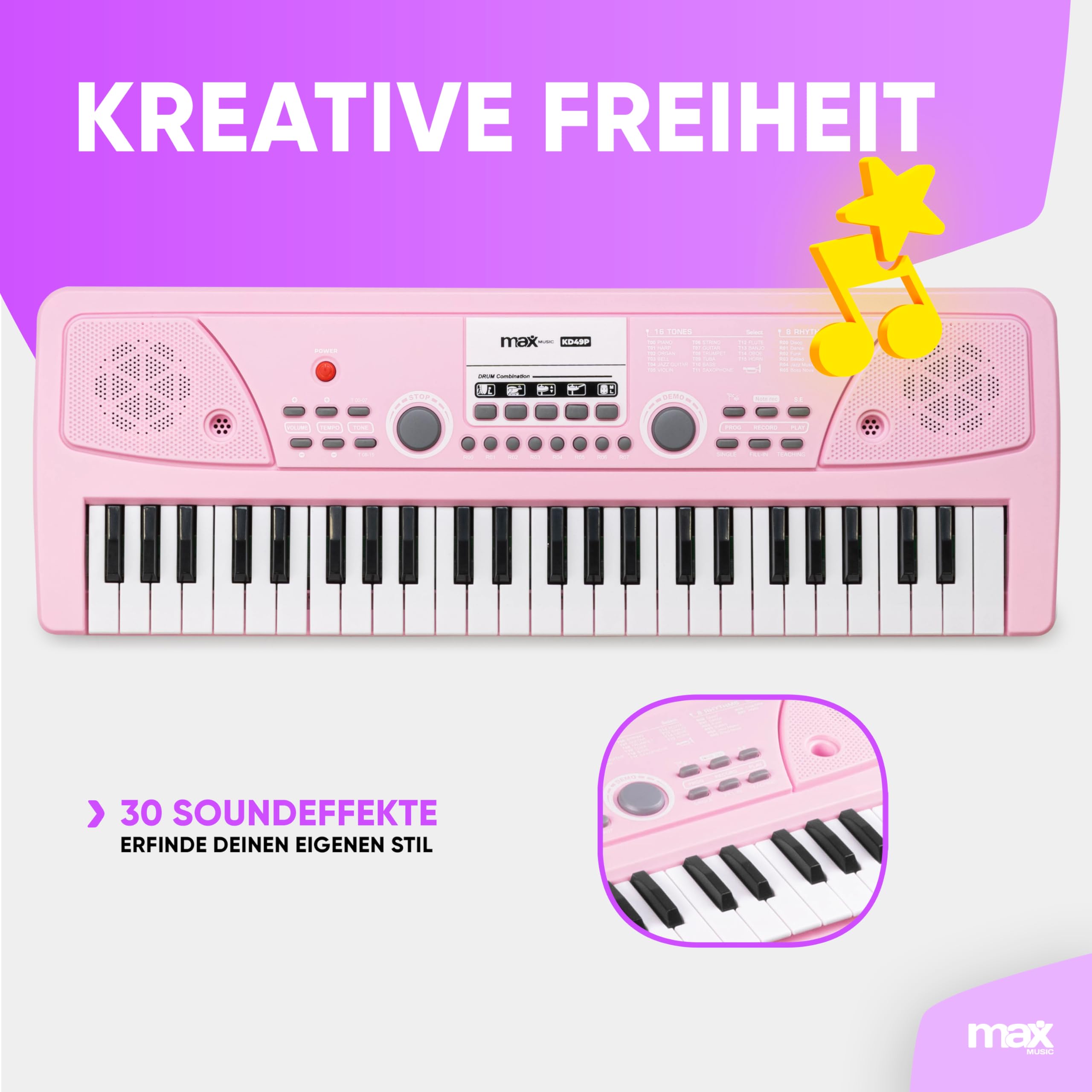MAX KD49P - Kinder Keyboard mit 49 Tasten mit Mikrofon, 16 Klangarten, 8 Rhythmen & Sounds, Kinderklavier mit Aufnahmefunktion, 8h Akku - E Piano Kids, Keyboard Piano Spielzeug für Kinder ab 4 Jahre