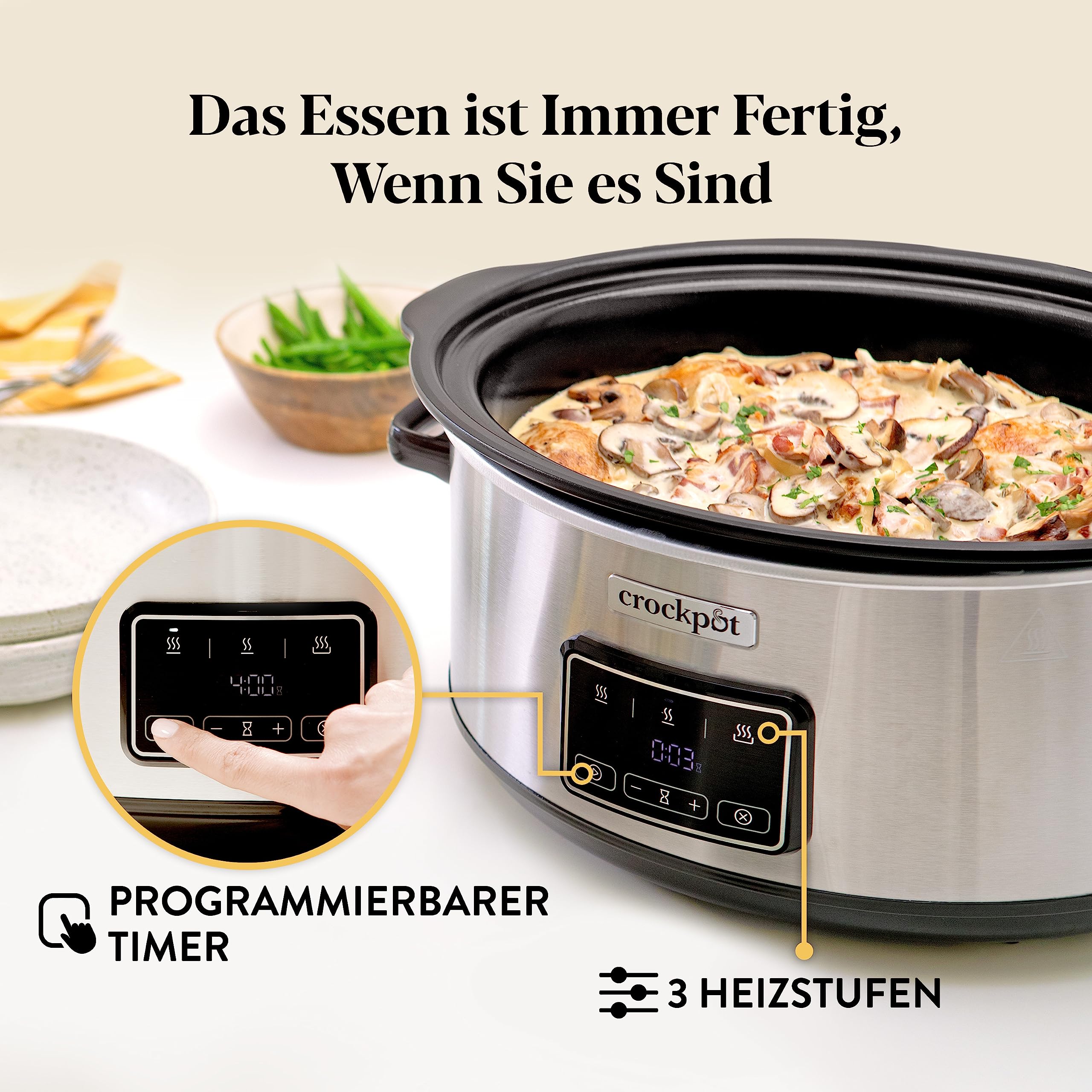 Crockpot Sizzle & Stew Digital-Schongarer Slow Cooker | 3,5 l (3-4 Personen) | Abnehmbare induktionsgeeignete Schüssel für Fleisch und Gemüse | Edelstahl [CSC111X]