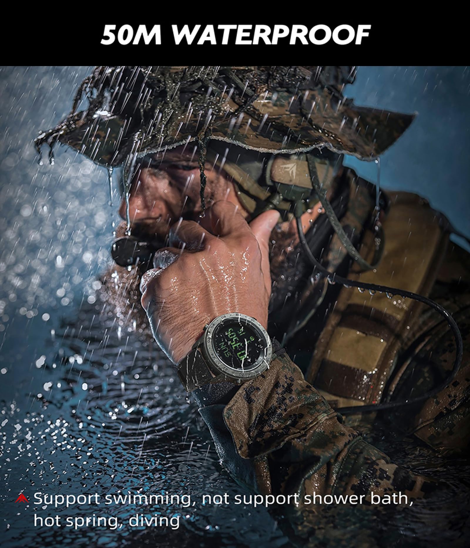 findtime Montre numérique militaire pour homme - Podomètre - Boussole - Vitesse 50 m - Étanche - Montre de sport pour homme - Montre de course pour homme - Éclairage EL - Coutdown - Chronomètre