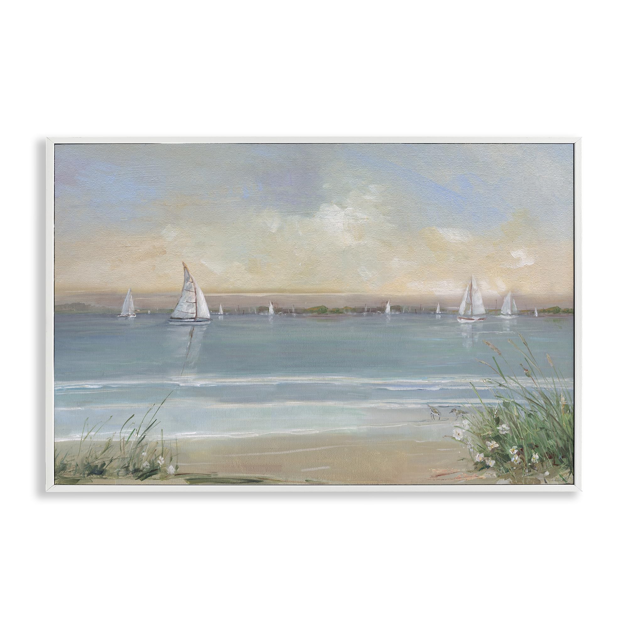Stupell Industries Coastal White (Textured) Coastal Sailing At Dawn Seaside Serenity, 16 X 24 Inch Framed Giclée Print