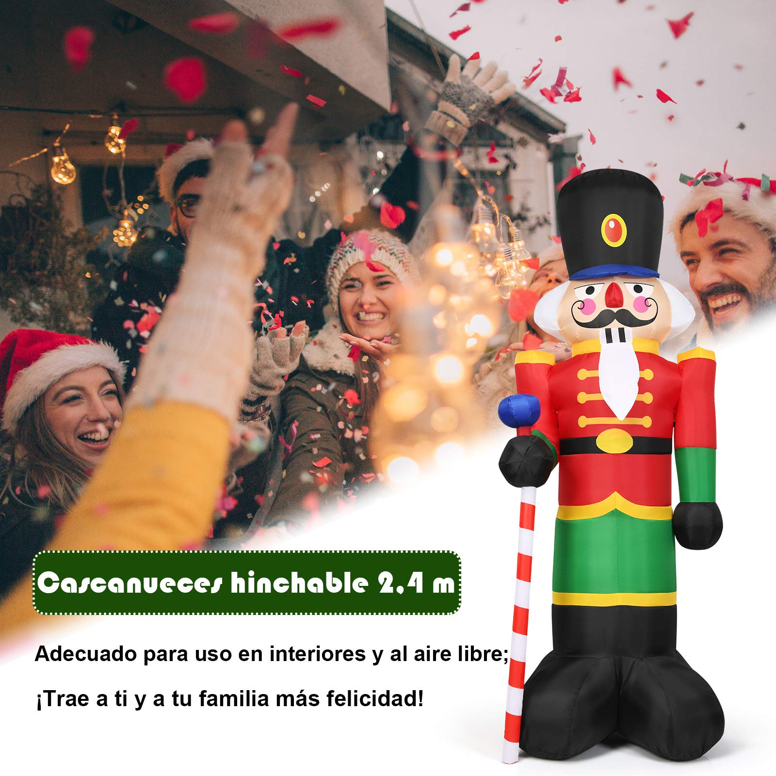 COSTWAY Soldadito Cascanueces Inflable de 240 cm con 3 Luces LED Bomba y Bolsas de Arena Decoración Navideña para Interior Exterior