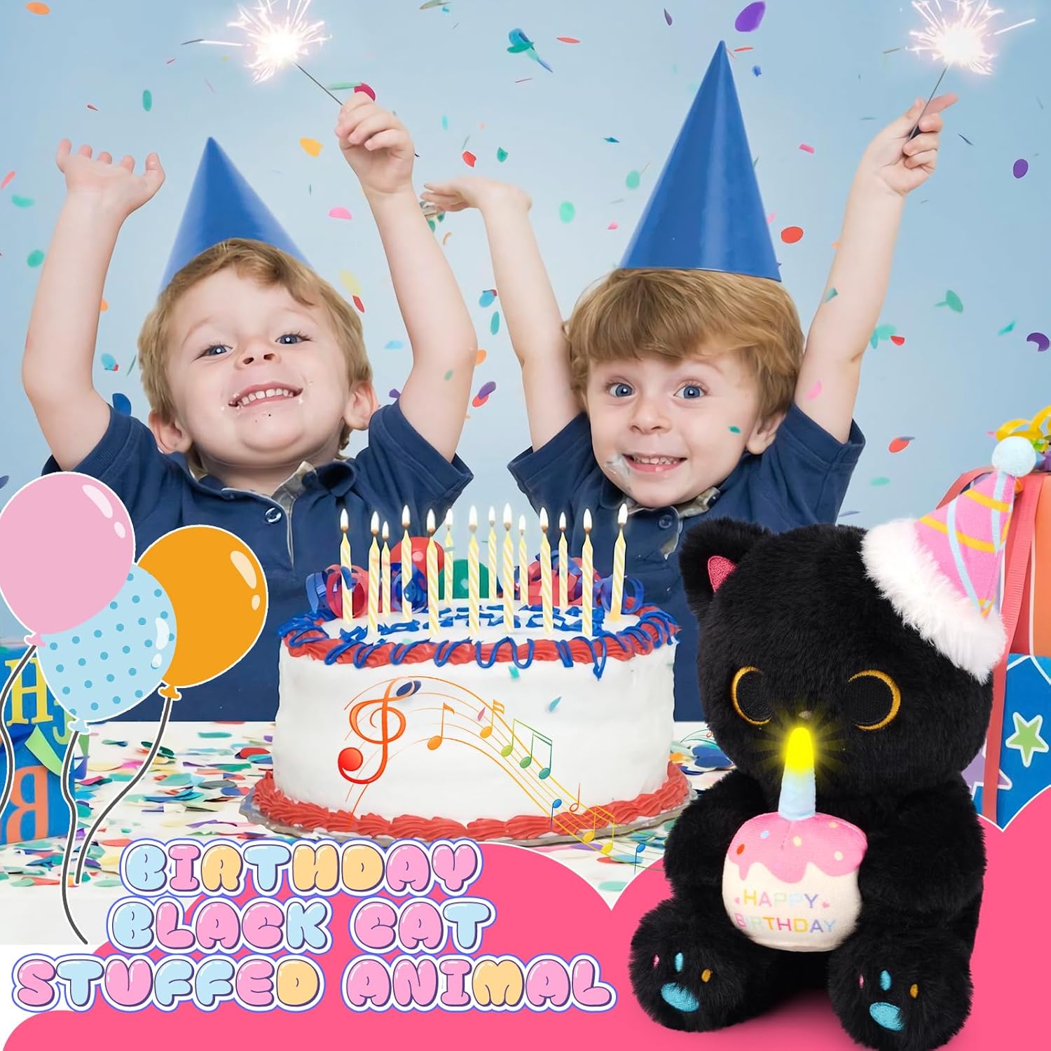 Black Cat Plush - Happy Birthday Singing & Glow Plush, Electric Black Cat Stuffed Animal with Light-Up Cake, Birthday Party Decor Gift for Kids Boys Girls - Image 5