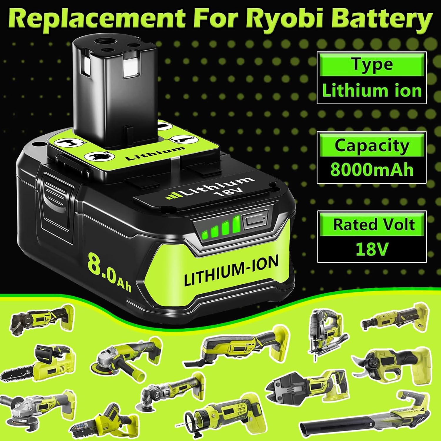 Totoplus Replacement for Ryobi 18V Battery: 18V 8.0Ah High Capacity Lithium-ion Compatible with Ryobi P108 P107 P109 Cordless Power Tools with LED Light 2 Pack