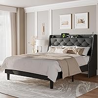 Vista 1 de Feonase Base de cama Queen con respaldo de ala de lujo y estación de carga rápida, cabecera de almacenamiento tapizada con botones, cama