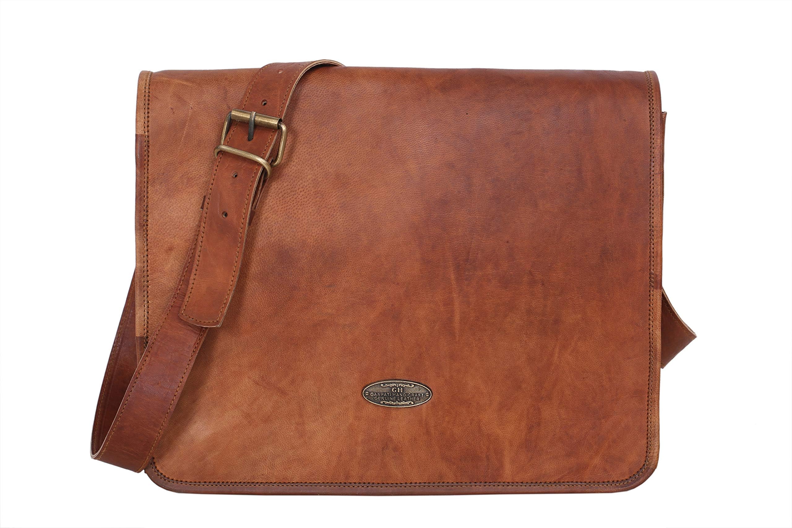 [leather art & craft] Leather Messenger Bag 15 in Leather FULL FLAP Laptop Bag Eco Friendly Leather Bag by LBH, 38.1 x 11.4 x 27.9 cm ; 998 g, Brown