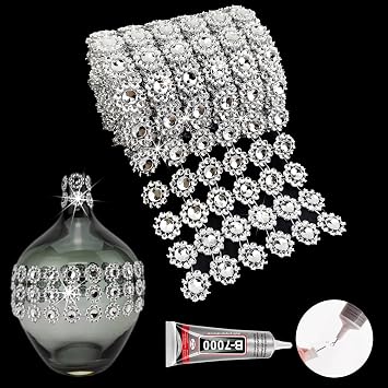 3Yards Silver Flower Rhinestone Ribbon Trim with Glue, 4In/6Rows Rhinestone Mesh Fabric, Bling Rhinestone Ribbon Roll for Crafts, Party Christmas New Year Decoration3Y-Silver