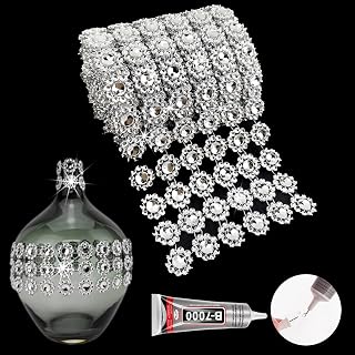 Yhsheen 3Yards Silver Flower Rhinestone Ribbon Trim with Glue, 4In/6Rows Rhinestone Mesh Fabric, Bling Rhinestone Ribbon Roll for Crafts, Party Christmas New Year Decoration(3Y-Silver)