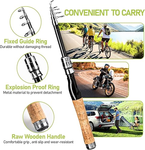 Miniatura 2 de Combo de caña de pescar y carrete, 2 varillas telescópicas de fibra de carbono, carretes giratorios de agua saladadulce con señuelos, línea y bolsa