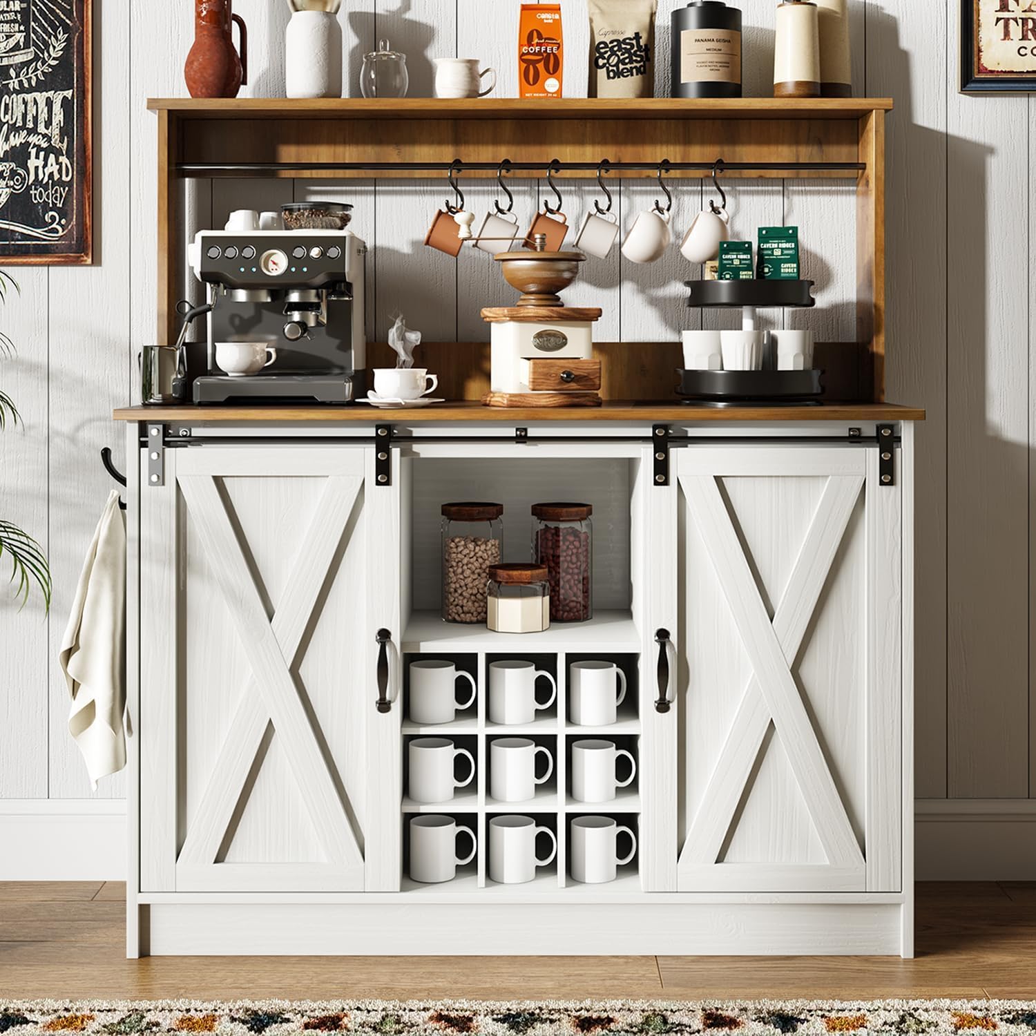 4ever2buy Farmhouse Coffee Bar Cabinet with 6 Hooks, 47” Kitchen Coffee Bar with Hutch and 9 Wine Racks, White Coffee Bar Table with Sliding Barn Door for Dining Living Room 4ever2buy Farmhouse Coffee Bar Cabinet with 6 Hooks, 47” Kitchen Coffee Bar with Hutch and 9 Wine Racks, White Coffee Bar Table with Sliding Barn Door for Dining Living Room
