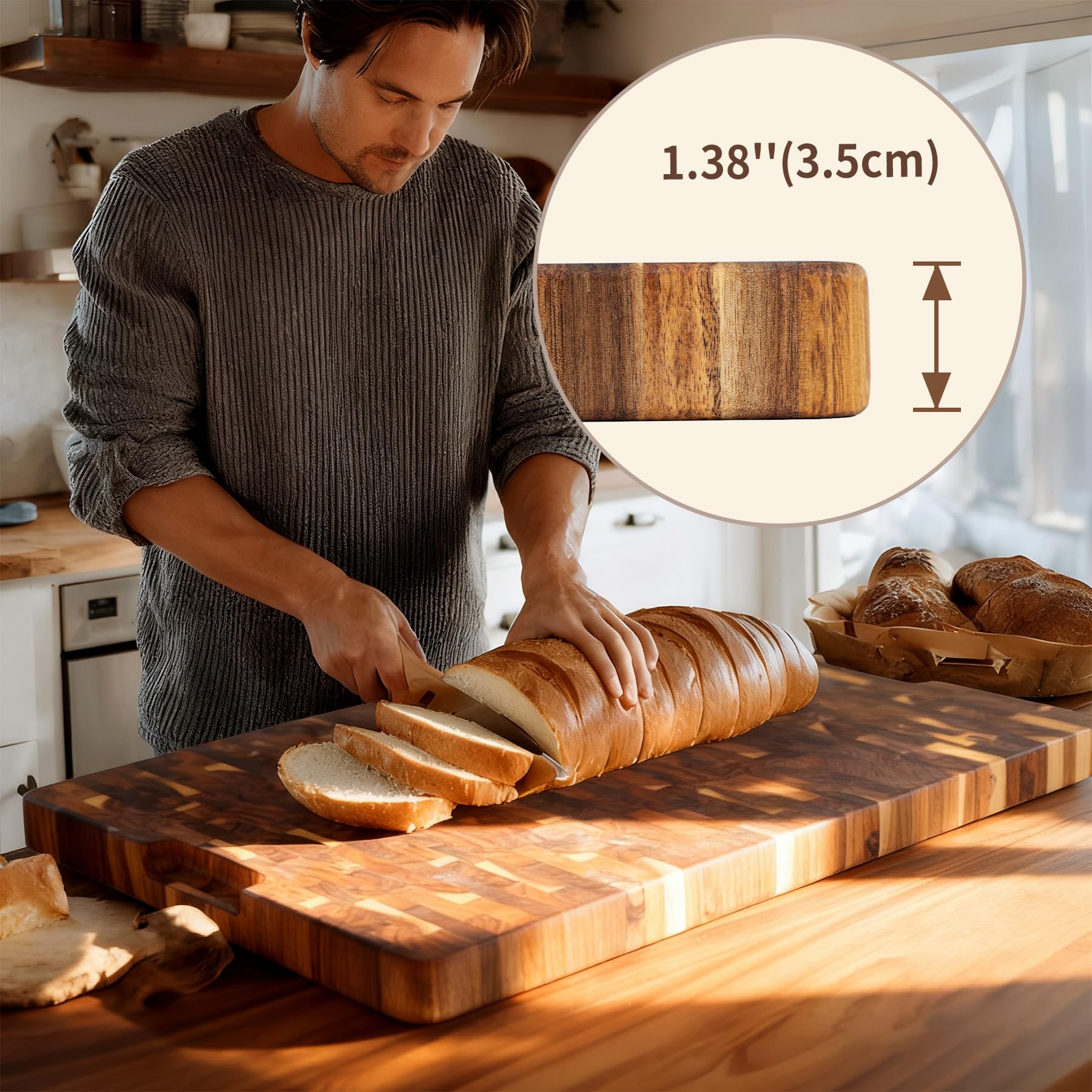 Utoplike Großes Akazienholz-Schneidebrett 56x40,5x3,5cm,Küchen-Schneidbrett | Größter Holz-Metzgerblock für Truthahn, Schneidebrett mit Griff und einseitiger Saftrinne