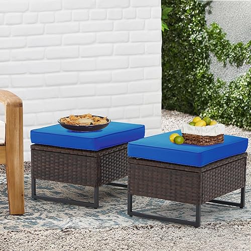 AVAWING Outdoor Wide Wicker Ottomans Set of 2, All-Weather Rattan
