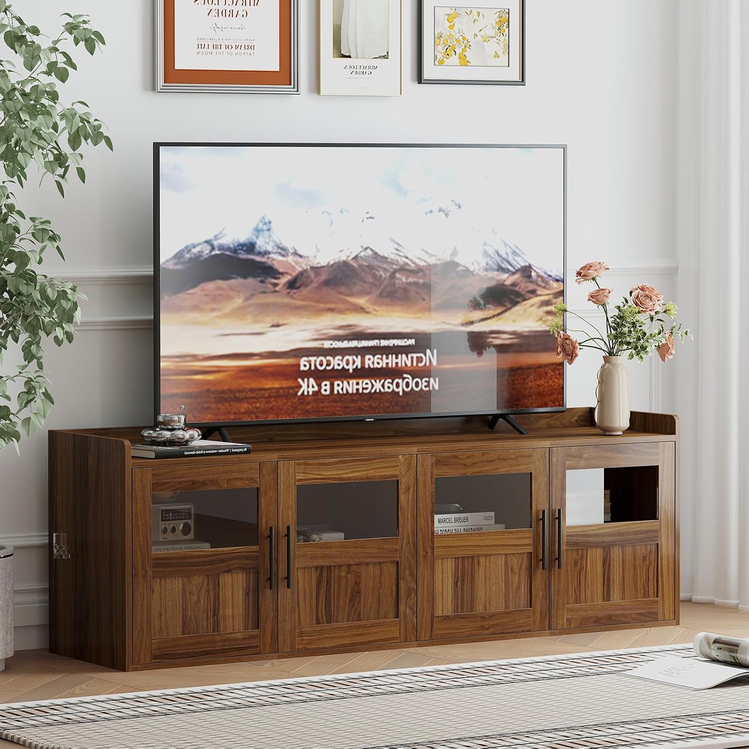 CANMOV Mid Century Modern TV Stand for TVs up to 65", Wood Entertainment Center with Storage Shelf and Glass Door, Farmhouse Media Console Cabinet for Living Room, Bedroom, Walnut