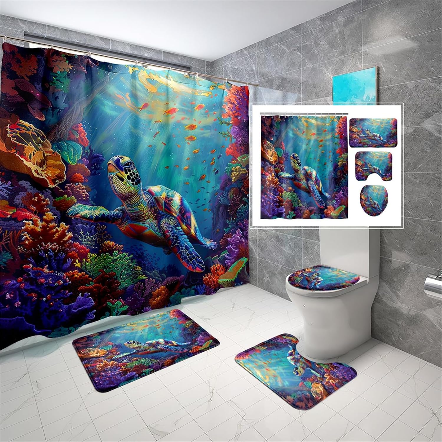 4 Pcs Ocean Themed Shower Curtain - Sea Turtle Shower Curtain Set Ocean Shower Curtain for Bathroom Sea Turtle Shower Curtain Set with Rug,Toilet Cover and Bath Mat with 12 Hooks