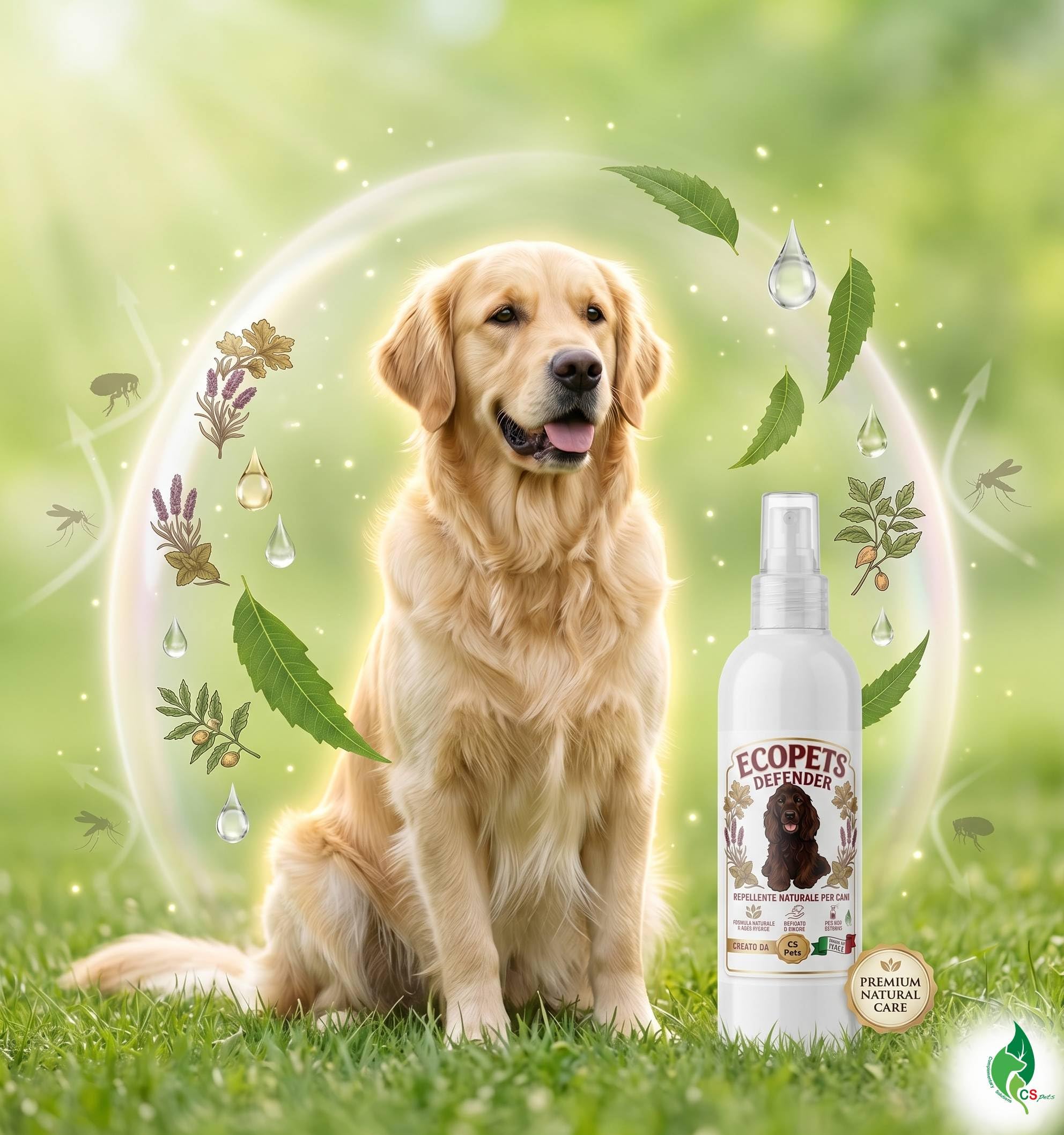 Ecopets Defender Pesticide Naturel pour Chiens à l'Huile de Neem - Protection contre les Puces, Tiques, Moustiques et Mouches - Doux pour une Utilisation Quotidienne avec des Huiles Essentielles et