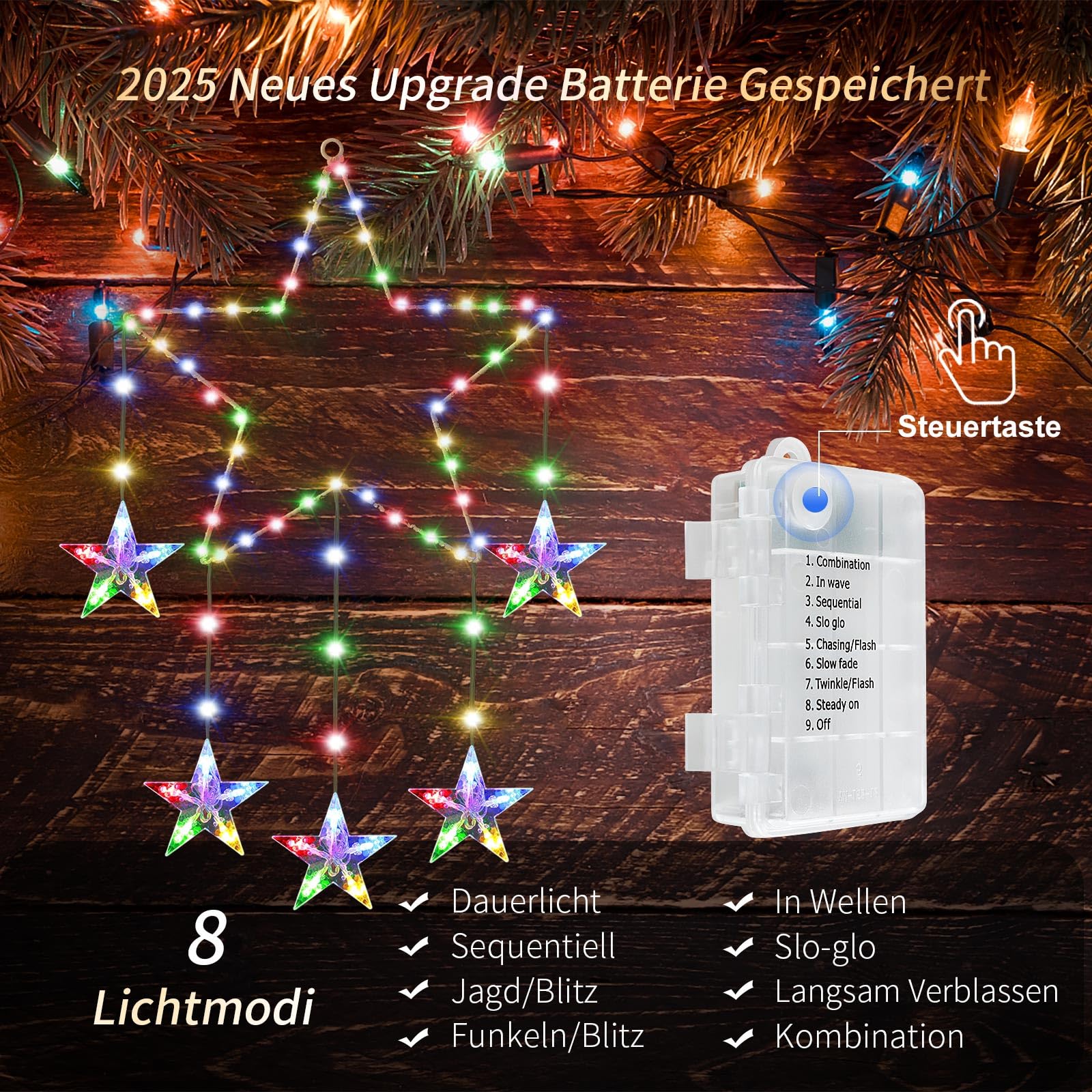 Dekoracja okienna z gwiazdkami, 2 sztuki, zasilanie bateryjne, 62 diody LED, oświetlenie bożonarodzeniowe z timerem, 8 trybów świecenia, z pamięcią, gwiazda bożonarodzeniowa, dekoracja na okno