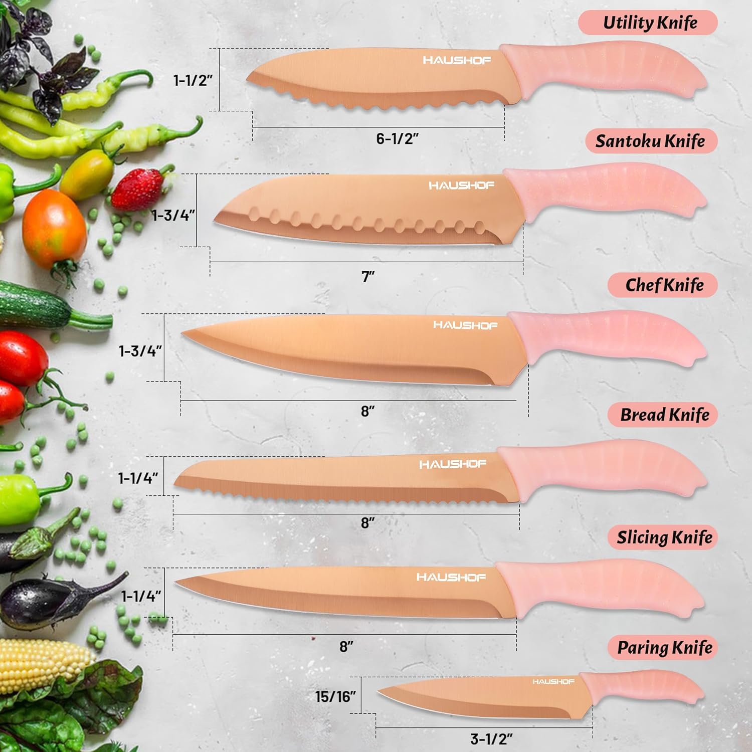 HAUSHOF Kitchen Knife Set, 12-Piece Pink Knife Set with 6 Blade Guards, Non-Stick Coated Stainless Steel Blades for Slicing, Dicing&Cutting, Gifts Knife Set for Dad, Mom, Husband and Wife - Image 2