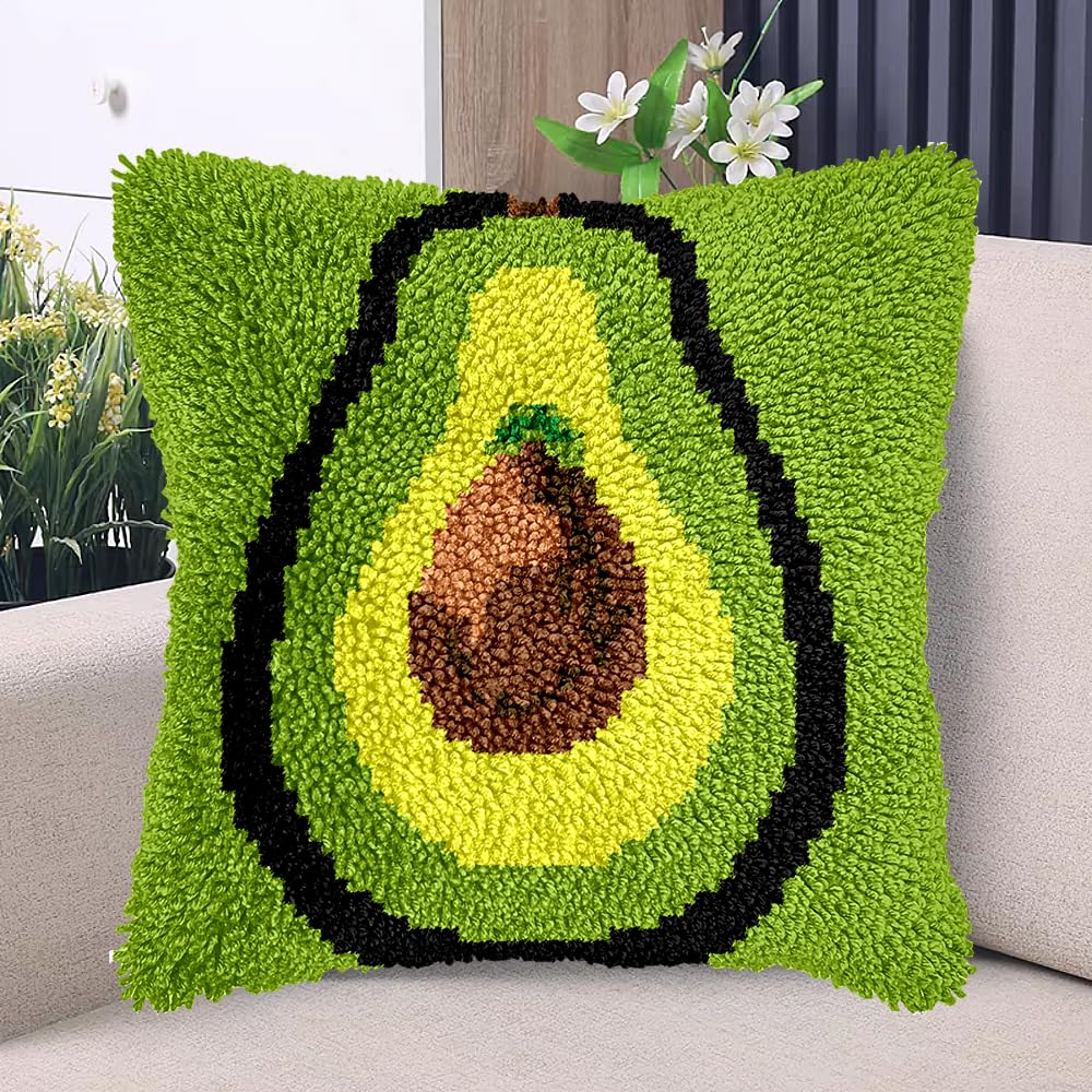 Green Avocado Latch Hook Kits Pillow with Printed Canvas DIY Handmade Cushion Crochet Yarn Embroidery Hook and Latch Kit Pillowcase Christmas Decoration 43x43cm