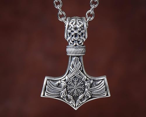 Miniatura 76 de Viking Thors Hammer Necklace Pendant - Vegvisir Aegishjalmur Helm of Awe Raven Huginn Muninn Pendant Necklace Amulet Talisman - Thor Necklace - Bear