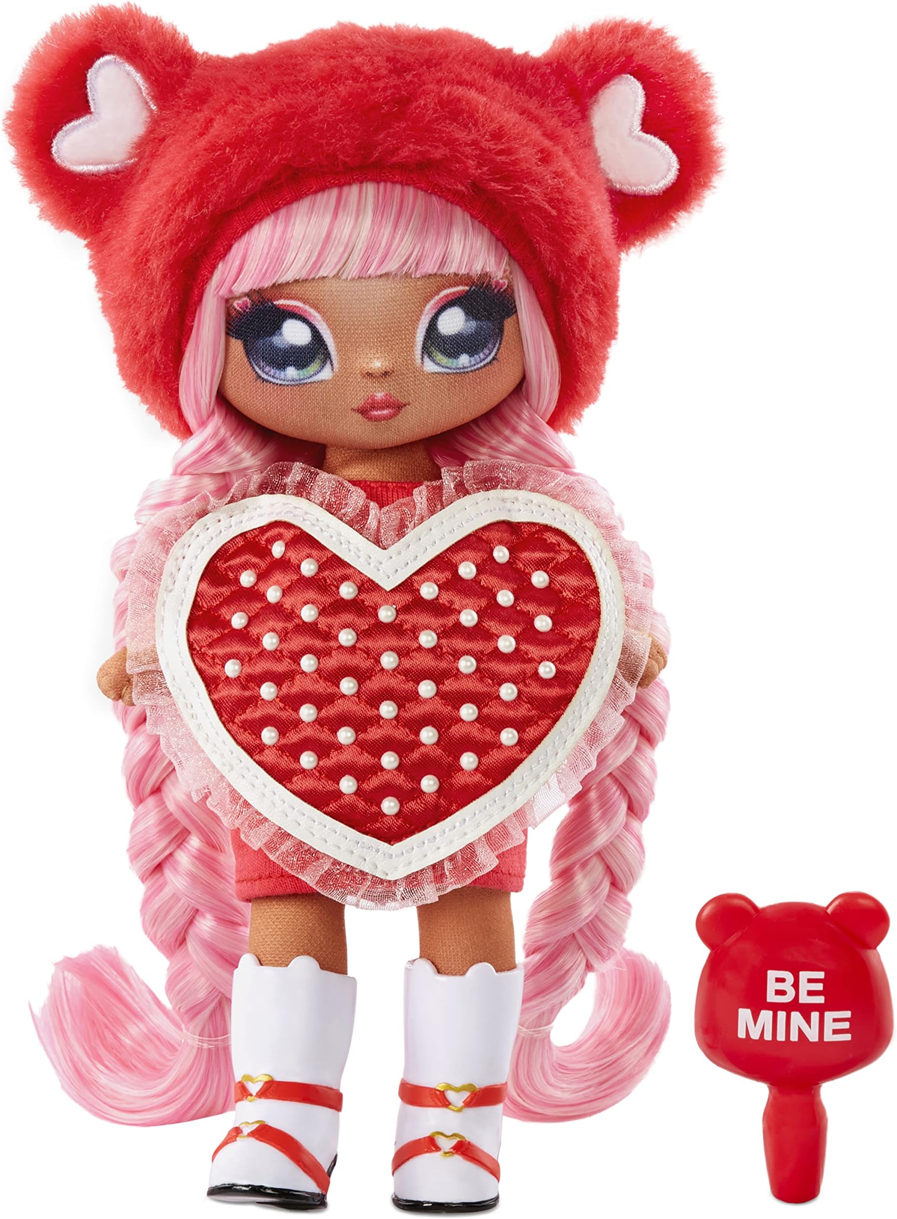 MGA Entertainment Na Na Na Surprise Valentina Moore - Red Teddy Bear-Inspired 7.5" Fashion Doll with Pink Hair, Heart-Shaped Dress and Brush
