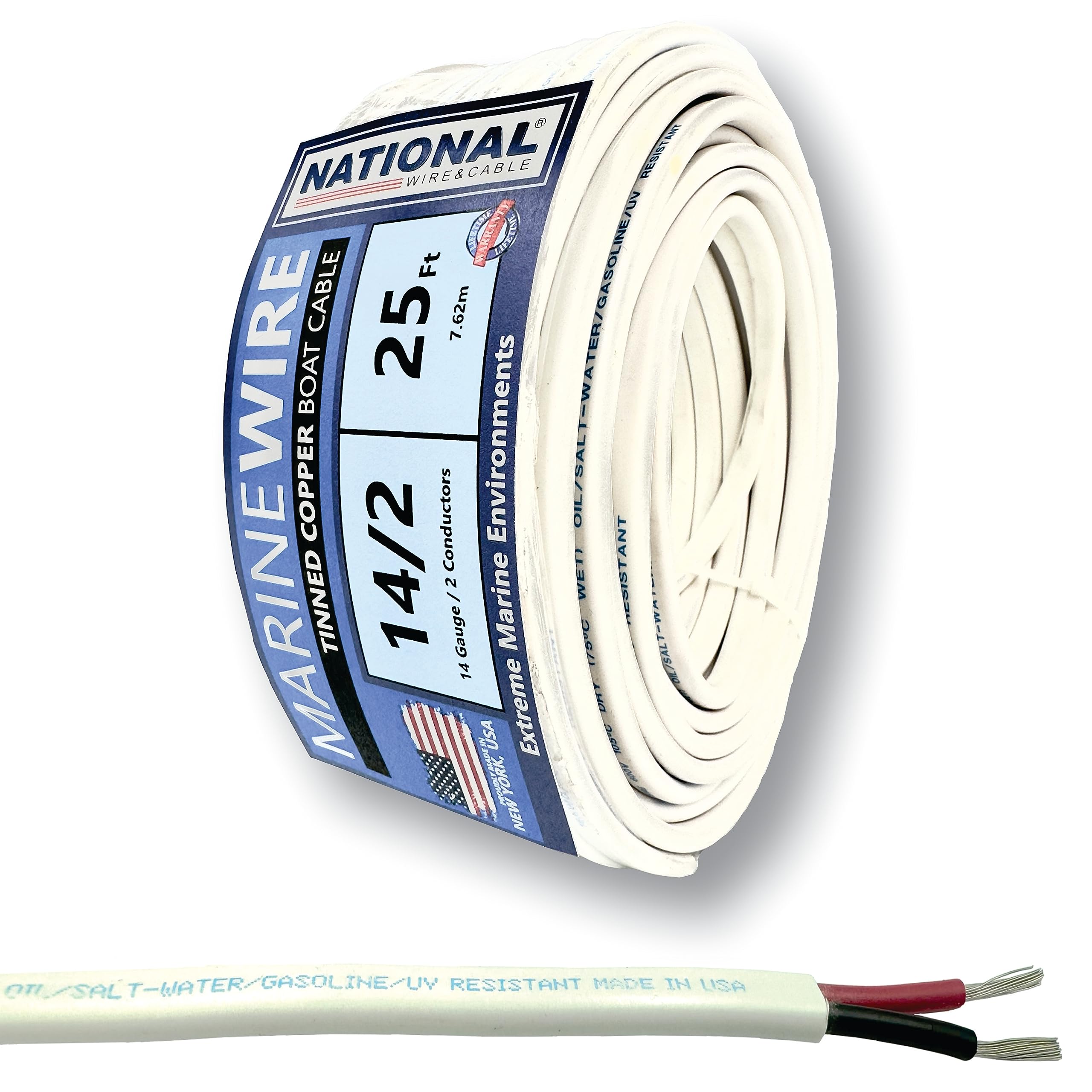 NATIONAL Wire&Cable Fil marin 14/2 – 7,6 m – Fabriqué aux États-Unis – Fil de bateau duplex en cuivre étamé – Calibre 14 – 2 conducteurs – Conçu pour bateau/marine/automobile/camping-car/remorque